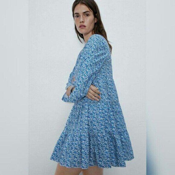 Zara Babydoll Tiered Floral Cotton Mini Dress Blue Size Medium - Picture 3 of 10
